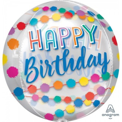 GLOBO CONVER ESFERA ORBZ HAPPY BIRTHDAY RAINBOW PUFFS TRANSP