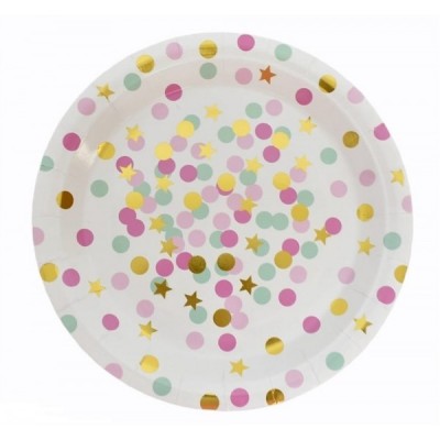 PLATO GIFTPOP #7 BLANCO PUNTOS ROSA/ORO C/10