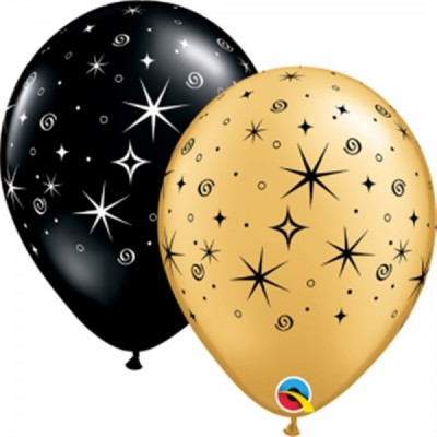 GLOBO QUALATEX #11 ESTAMPADO SPARKLES & SWIRLS NEGRO Y DORADO 10PZ