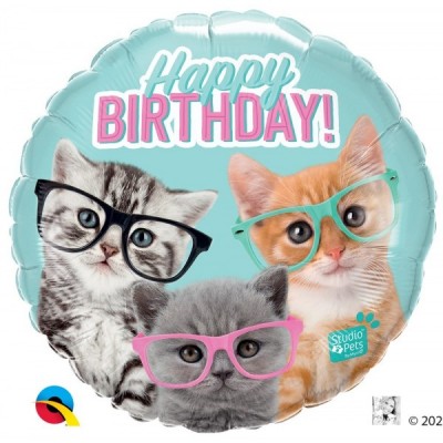 GLOBO QUALATEX #18C STUDIO PETS CUMPLEAÑOS GATITOS CON ANTEOJOS