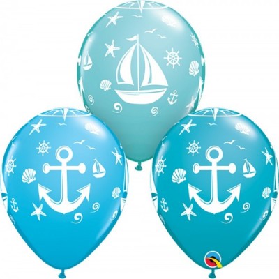 GLOBO QUALATEX #11 ESTAMPADO BARCO VELERO/ANCLA NAÚTICO 10PZ