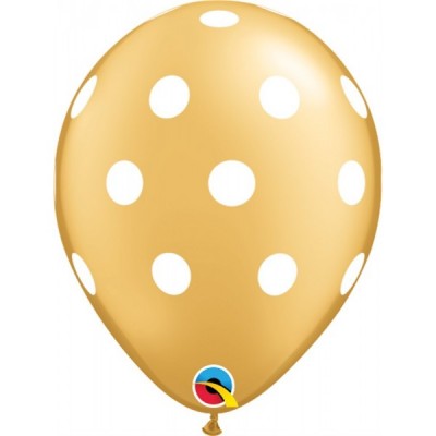 GLOBO QUALATEX #11 ESTAMPADO PUNTOS POLKA GRANDES ORO/BLANCO 10PZ