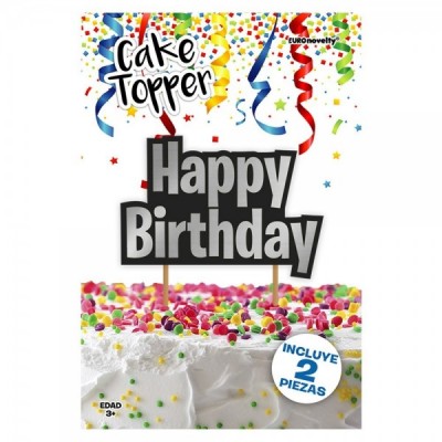 CAKE TOPPER METALICO "HAPPY BIRTHDAY" PLATA EURO --