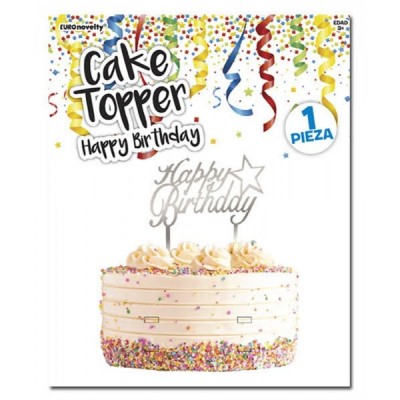 CAKE TOPPER ACRILICO "HAPPY BIRTHDAY" PLATA EURO --