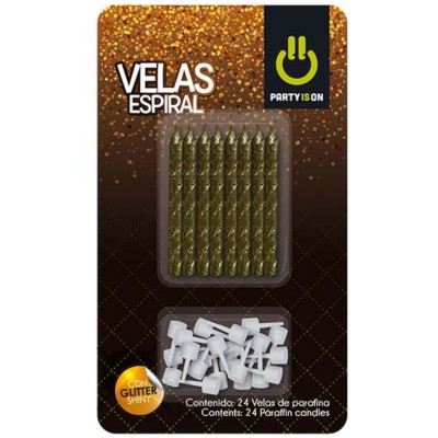 VELA ESPIRAL GLITTER DORADA PARTY IS ON C/24P