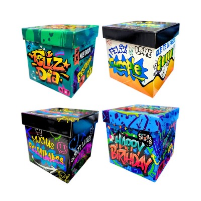 SET CAJAS CARTON FB CUBO (CUMPLE) GRAFFITI (ELIGE MEDIDAS)